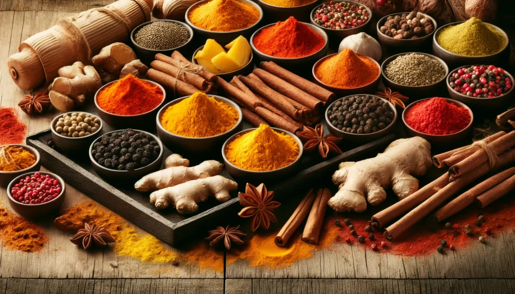 DALL·E 2024 04 21 13.20.23 Create a web banner with dimensions 1920x1080 pixels featuring a variety of colorful spices such as turmeric ginger cinnamon and black pepper displ