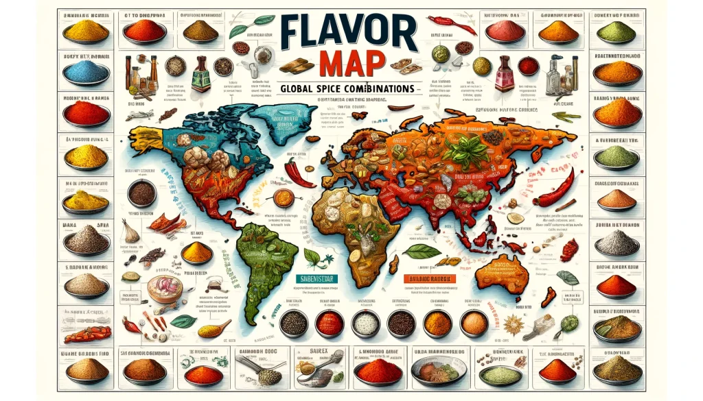 DALL·E 2024 04 21 15.23.17 Create a detailed graphic illustrating a Flavor Map Global Spice Combinations. This graphic should show how different cultures combine spices with